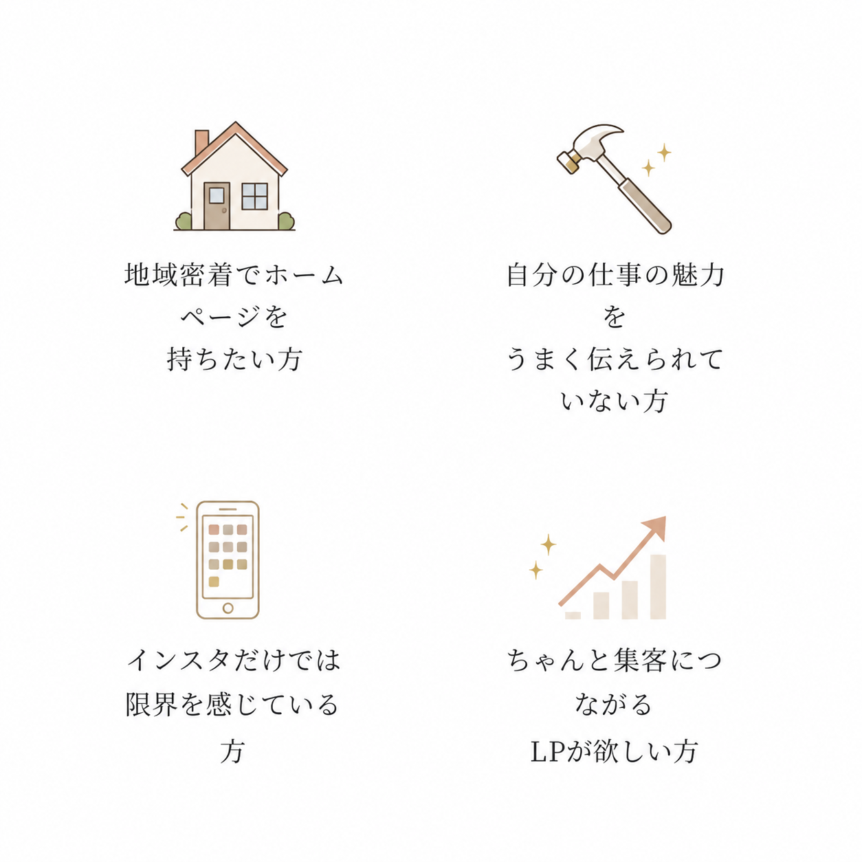 こんな方へ：地域密着でHP・仕事の魅力が伝わらない・インスタだけでは限界・集客につながるLP